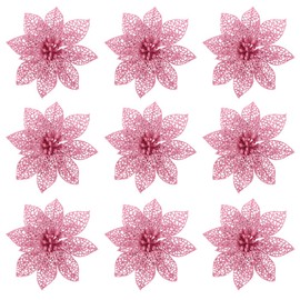 Christmas Poinsettia Flower, 9 Pcs Pink Glitter Christmas Tree Ornaments Artificial Flowers Decorative Floral for Xmas Wedding Party(14cm)