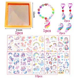 AIOSUY 15pcs Unicorn Girls Jewellery Set Bracelet Hair Clip Earrings Tattoo Stickers Party Favor Accessories for Girls, Plastic