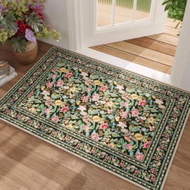 Vowkten Door Mat Indoor Entrance 2x3 Rug Machine Washable Vintage Floral Small Area Rug Non-Slip Low Pile Throw Rugs for Entryway, Kitchen, Front Door Indoor Entrance, Entry, Kids Room, Green