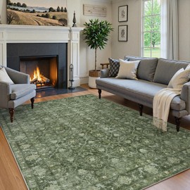 Hedlive Vintage Green Rugs for Bedroom, Non Slip Washable Rugs 5x7 Rug for Living Room, Stain Resistant Soft Bedroom Rug for Dining Room High Traffic Area (5'x7', Green)