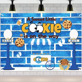 A Sweet Little Cookie is On The Way Backdrop, Cookie Baby Shower Decorations for Boy, Blue Cookie Theme Party Banner Background for Dessert Table, Photo Booth, 5x7FT