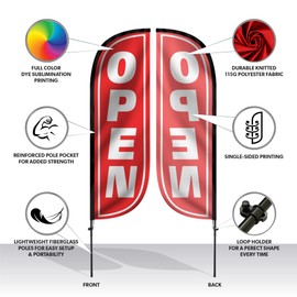 LookOurWay Feather Flag Pole Kit - 7 Feet Tall Advertising Banner with Fiberglass Pole Set and Ground Spike for Business Promotion - Open Flags - Open Red & White