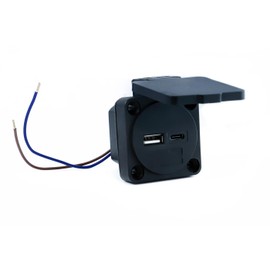 HOLZER USB Recessed Socket & Mounted Socket / 2 x USB Ports - USB Socket / Input Sp. 230 V & USB Ports 5 V / 2.1 A - For Outdoor & Indoor Use - Lid - IP54 (Black USB A and USB C)