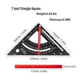 Carpenter Square Tool 7 Inch with Two Pencil Accurate Carpenters Triangle Aluminum Alloy Double Scale Ruler Angle Square Rafter Measurement Tool for Woodworking and Carpentry