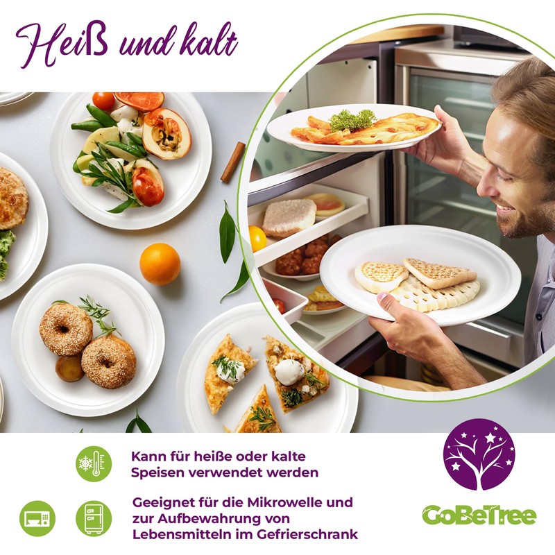 GoBeTree 50 x 18cm Round Sugarcane Disposable Plates Ecological, Biodegradable