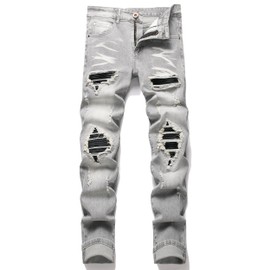 TMMMT Men's Patch Ripped Stretch Regular Fit Grey Jeans (32, 6620-1 Grey)
