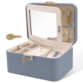 KAMIER Jewelry Organizer Box, 2 Layers PU Leather, Large Capacity, Double Lock and Large Mirror, Hidden Necklace Hooks, Removable Dividers, Gift Box Packaging,Bluish Grey