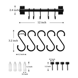 FuninCrea Kitchen Hook Rail, 30 cm Aluminium Kitchen Rail with 5 Movable Hooks, Wall Mounting Rod for Kitchen Utensils, Organiser, Multi-Purpose Hanging Rail for Spoon, Fork, Towel (Black)