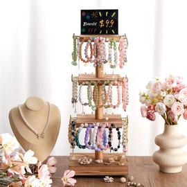 Yalikop 2 Pcs Wooden Bracelet Display Stand 3 Tier 360° Rotating Jewelry Tree stand with Advertising Board Hooks for Vendors (Natural Color,Square)