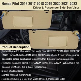 NHILES Driver & Passenger Side Sun Visor Fits for Honda Pilot 2016-2022 Honda Ridgeline 2018-2020 Replacement Sun Shade # 83280-TG7-A12ZA 83230-TG7-A12ZA (Shadow Beige)