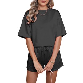 Famulily Women Short Sleeve Tracksuit Set Cotton Crew Neck Top and Comfy Shorts Leisure Suit with Two Pockets Black XL
