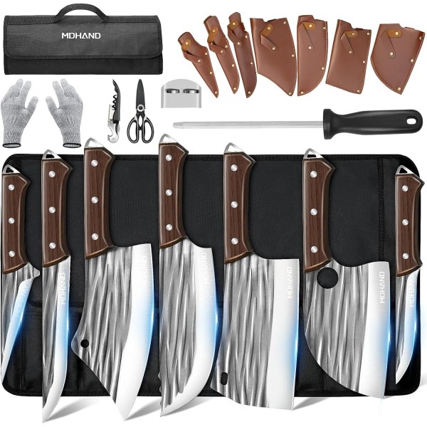 MDHAND 14Pcs Professional Butcher Knife Set with Sheath & Bag