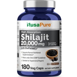 NusaPure Shilajit 20,000mg per Serving | 180 Veggie Caps | Non-GMO, Gluten Free