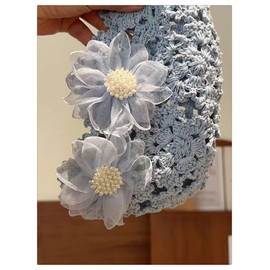 Handmade Crochet Beanie Hat with Chiffon Flower Accent Summer Hats for Women Lightweight Knitted (US, Alpha, One Size, Blue)