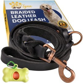 Braided Leather Dog Leash 5.6 ft - Heavy Duty Training Leather Dog Leashes for Medium, and Large Breeds (Black, 5.6 ft x 3/4")