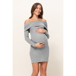 LaClef Women's Off Shoulder Sweater Knit Maternity Dress, X-Large, Heather Grey #2