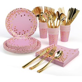 161PCS Pink and Gold Polka Dots Party Supplies, Paper Disposable plates Cups Napkins Plastic Forks Knives Spoons Tablecloth Serve 20 Guests Dinnerware for Birthday Wedding Graduation