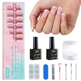 Misssix Uñas francesas a presión, 160 piezas de uñas de gel francesas cortas y cuadradas, uñas postizas de gel suaves en rosa y blanco, kit de inicio 