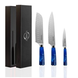 Juegos de Cuchillos de Cocina 3 Piezas, Yeeclot Cuchillos de Cocinero Chef Japonés Profesional, Cuchillo Santoku, Cuchillo para pelar, Nuevo mango de resina azul con caja de regalo