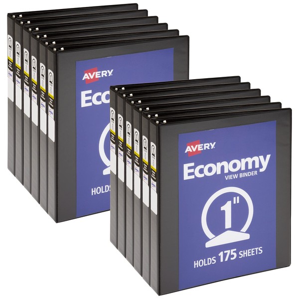 Avery 1 inch Economy View 3 Ring Binder, Round Ring, Holds 8.5" x 11" Paper, 12 Black Binders (05710)