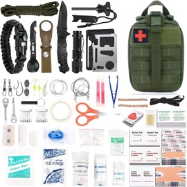 142 Pcs Survival First Aid Kits, Survival Kit and First Aid Kit, 142Pcs Professional Survival Gear and Equipment with Molle Pouch, for Men Dad Husband Who Likes Camping Outdoor Adventure (Green)