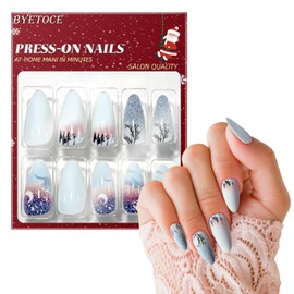 Winter Press on Nails Medium Almond Fake Nails Winter Scenery Glitter False Nails Artificial Nail with Snowy Forest Snowflake Designs Full Cover Glue on Nails for Women Christmas DIY Nail Art 24Pcs