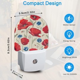 YESPOAK Red Poppy Flowers Night Light,Blue Cornflowers Night Lights Plug Into Wall for Boys Girls,Lamp for Stairway/Hallway/Bedroom Sleep Friendly
