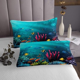 Underwater World Bedding Set 3D Sea Turtle Tropical Fish Coral Bed Sheet Set for Kids Boys Girls Adults Sealife Ocean Creature Fitted Sheet Aquatic Animal Bed Cover 3Pcs Soft Bedspread Full Size