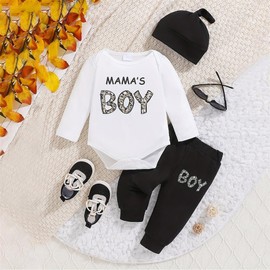 Aoswep Baby Boy Clothes Newborn Infant Baby Clothes Romper + Pants + Hat 3PCS Outfits Set (White, 6-9 Months)