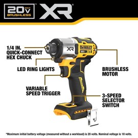 DEWALT 20V MAX XR Impact Driver, 1/4 Inch High Torque Brushless 3 Speed Premium Cordless Impact Driver with LED Light, Extended Runtime, Tool Only (DCF845B)