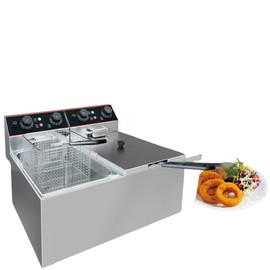 Commercial Deep Fryer, 12.6 QT Electric Deep Fryer with Double Basket and Lid, Stainless Steel Deep Fryer with Independent Temperature Control for Restaurant or Home Use, 1500W+1500W