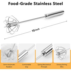 Egg Whisk Stainless Steel Hand Push Whisk Egg Blender Semi-Auto Rotating Push Mixer Milk Frother Multifunction Hand Whisk for Baking, Cooking, Whisking, Beating, Stirring, Kitchen Utensils - 10.6Inch