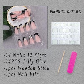 Uñas postizas de punta francesa negra a presión, uñas postizas largas con dijes de mariposa, uñas postizas cuadradas negras con mariposas plateadas 3D