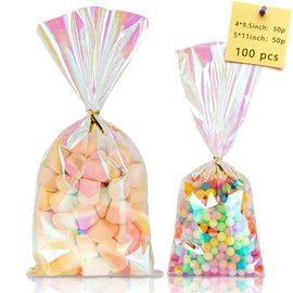 Labeol Labeol 100pcs Iridescent Cellophane Bags Goodie Bags Candy Bags 5×11 4×9.5 Treat Bags with Ties Clear Gift Bags Holographic Party Favor Bags for Birthday Wedding Easter Christmas Valentines