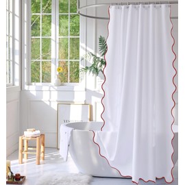 youngseahome White Fabric with Rust Scalloped Border Shower Curtain,Boho Chic Cloth Shower Curtain for Bathroom Showers,36 x 72 Inches