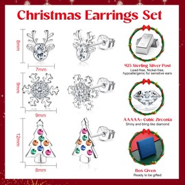 CASSIECA 3 Pairs 925 Silver Christmas Earrings for Women Girls Hypoallergenic Stud Earrings Christmas Set Santa Claus Snowflake Christmas Tree Earrings Christmas Decoration (Gift Box)