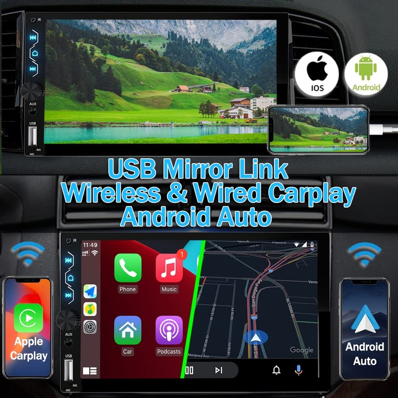 Double Din Car Stereo with Wireless Carplay,Wireless Android Auto,7 inch