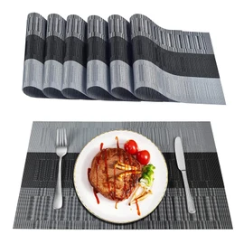 Manteles Individuales para Mesa 6 Piezas, Tapetes para Mesa de Comedor Antideslizante, Resistente al Calor, Individuales para Mesa PVC, Fácil de Limpiar, para el Restaurante,Cocina,Hotel(Gris y Negro)