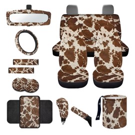 Wanyint Brown Beige Cow Print Car Seat Cover Set 14 PCS, with Steering Wheel Seat Belt Pad Garbage Bag Rearview Mirror Armrest Seat Box Handbrake Cover Set Car Coasters Fit SUV Sedan