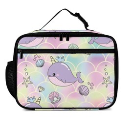 Muishi Cute Narwhal Reusable Lunch Box Insulated Lunch Bag Cooler Bag Lunchbox Meal Food Container Tote Bag for Women Kids Girls School Camping Hiking Picnic Beach Travel