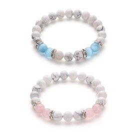 Pingyongchang 2pcs Natural Crystal Bracelet for Women Men Anxiety Beaded Stretch Bracelets Jewelry Healing Stone Crystal Bracelet Stress Relief Yoga Beads Chakra Bracelets-blue pink