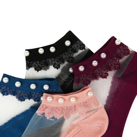 Benefeet Sox Womens Girls Sheer Ankle Socks Lace Mesh Pearl Socks Baroque Floral Socks Novelty Pretty Cute Transparent See Through Low Cut Socks Ultra Thin Silk Nylon Tulle Short Socks Gift 5 Pack