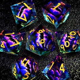 HAOMEJA DND Resin Dice Set - Beholder's Dragon Eye Dice, Liquid Core, Sharp Edges, 7 PCS (Eye Purple Blue)