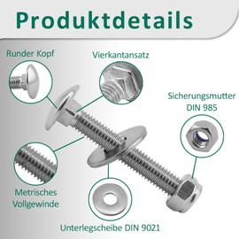 DSM - Carriage Bolts M10 x 90 mm DIN 603 - M10 Locking Nut DIN 985 & Washer DIN 9021 - A2/V2A Stainless Steel - Square Head Screws - Stop Nuts - Pack of 10