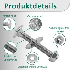 DSM - Carriage Bolts M10 x 90 mm DIN 603 - M10 Locking Nut DIN 985 & Washer DIN 9021 - A2/V2A Stainless Steel - Square Head Screws - Stop Nuts - Pack of 10