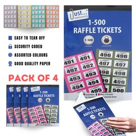 CARESTARZ 1-500 raffle tickets books - 4 x Books of cloakroom tickets - Lucky Draw Tombola Draw, Prize Draw and Charity Events.