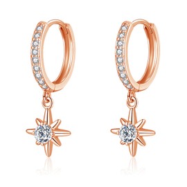 Cangall Silver Drop Hoop Earrings for Women, 925 Sterling Silver Star Dangle Hoop Earrings, Minimalist Small Cartilage Huggie Earrings with Star Dangling, Dainty Rose Gold Sunburst Sleeper Earrings