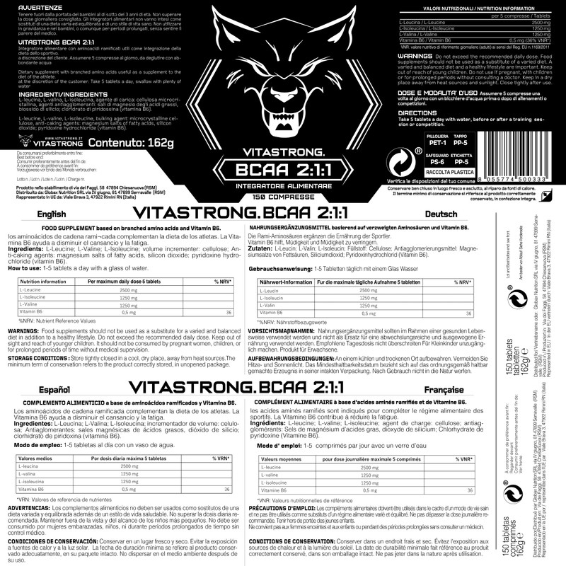 Vitastrong BCAA 211 | 100% Pure L-Leucine, L-Isoleucine, L-Valine with