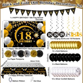 18th Birthday Decorations for Boys Girls, 18th Birthday Banner Backdrop Balloons Black and Gold, Happy 18th Bday Decorations Banners Tablecover Triangle Flag, 18 Year Old Boy Bday Gifts Party Supplies