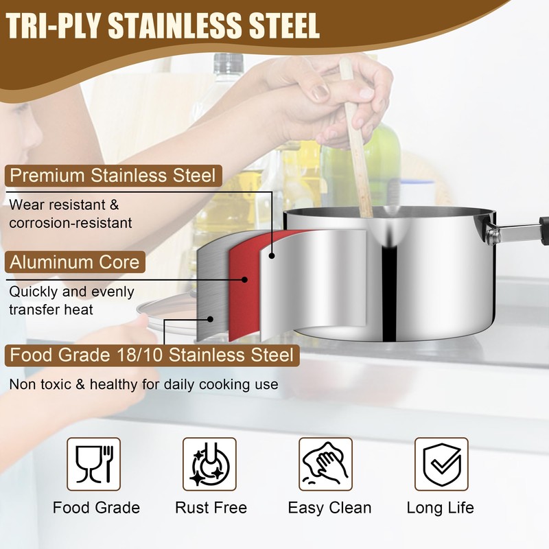 E-far 2 Quart Sauce Pan with Lid, Stainless Steel Tri-Ply
